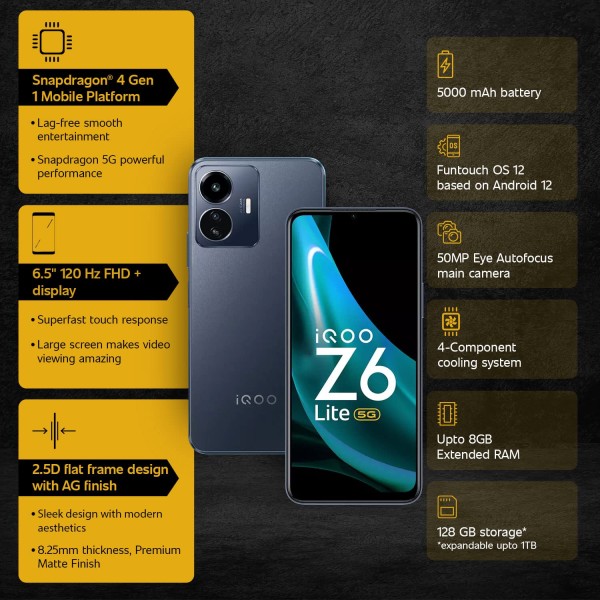 iQOO Z6 Lite 5G by vivo (Mystic Night, 6GB RAM, 128GB Storage) (Seal Pack)