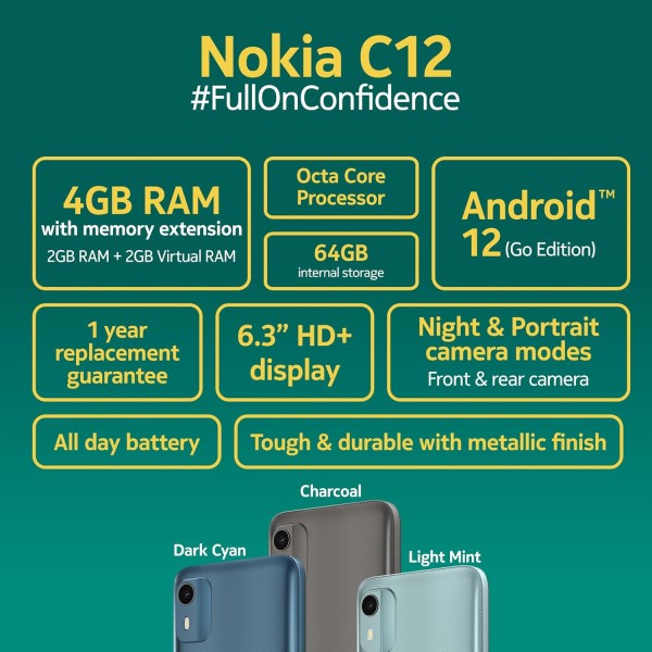 Nokia C12 Android 12 (Go Edition) Smartphone, All-Day Battery, 4GB RAM + 64GB Storage | Charcoal (open box )