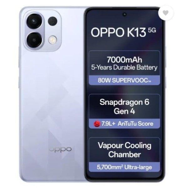 Oppo K13 5G with 7000mAh and 80W SUPERVOOC Charger in-The-Box, ICY Purple (8GB, 256GB)