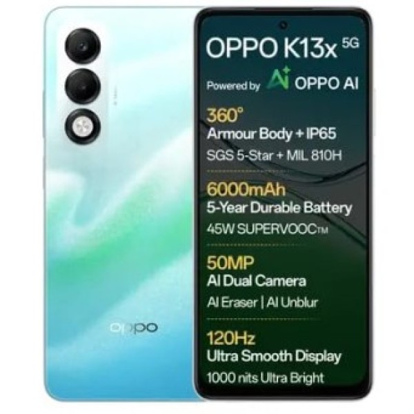 OPPO K13x 5G 6000mAh and 45W SUPERVOOC Charger & AI (Breeze Blue, 128 GB) (6 GB RAM)