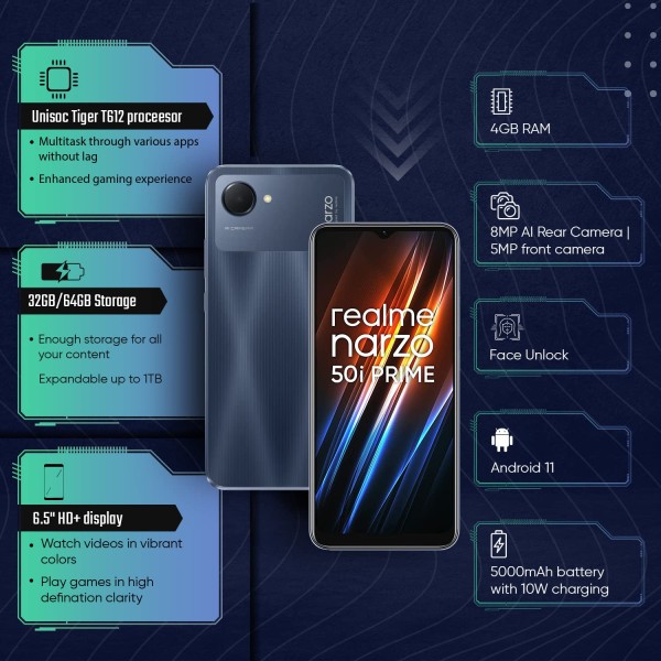 realme narzo 50i Prime (Dark Blue 4GB RAM+64GB Storage) Octa-core Processor (refurbished)