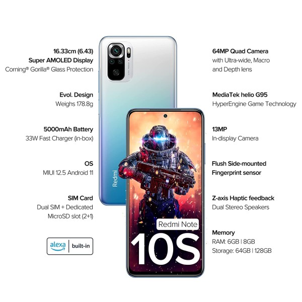 Redmi Note 10S (Deep Sea Blue, 8GB RAM,128 GB Storage) - Super Amoled Display