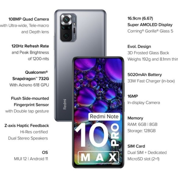 REDMI Note 10 Pro Max Dark Night, 128 GB 6 GB RAM refurbished