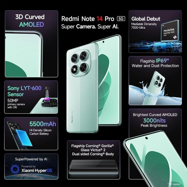 Redmi Note 14 Pro 5G Ivy Green 8GB RAM 256GB Storage|50 MP Sony Camera Setup|Corning Gorilla Glass Victus 2 | 1.5K 3D Curved AMOLED