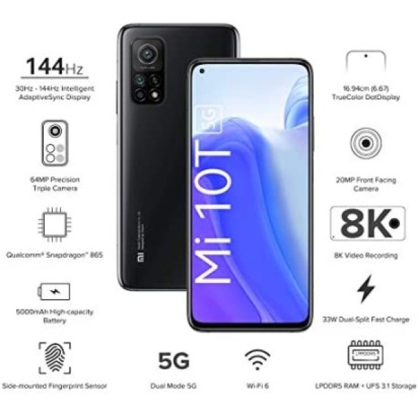 MI 10T 5G Cosmic Black, 6GB RAM, 128GB Storage refurbished