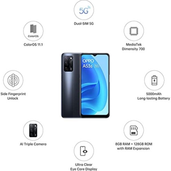 OPPO A53s 5G (Ink Black, 6GB RAM, 128GB Storage) refurbished