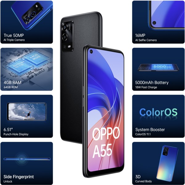 OPPO A55 (Starry Black, 4 GB RAM 64 GB Storage refurbished