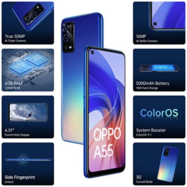Oppo A55 (Rainbow Blue, 6GB RAM, 128GB Storage) refurbished