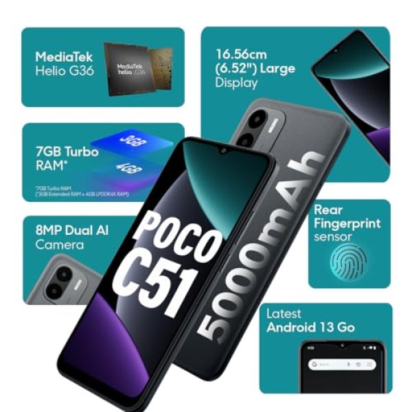 POCO C51 (Power Black, 4GB RAM, 64GB Storage) refurbished