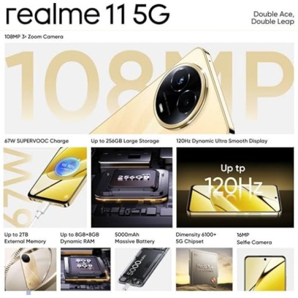 Realme 11 5G Glory Gold, 8GB RAM, 128GB Storage refurbished