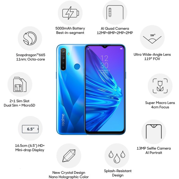 Realme 5 Crystal Blue 4 GB RAM 64 GB refurbished