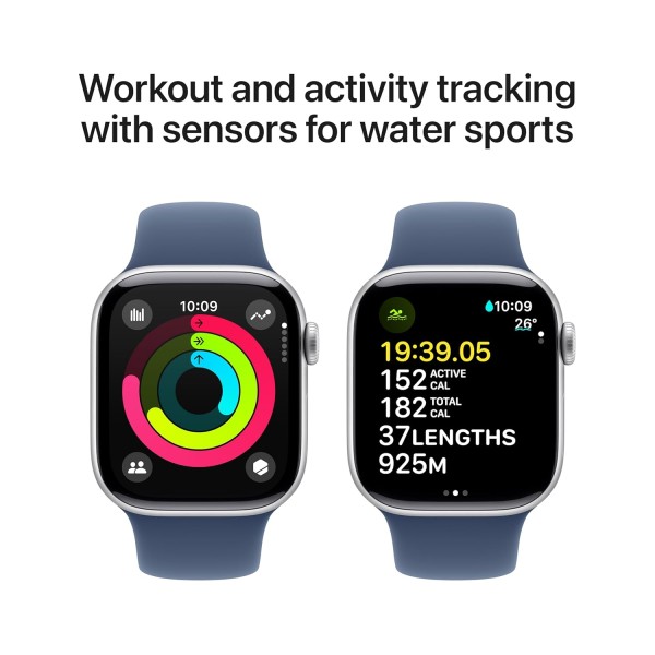 Apple Watch Series 10 [GPS + Cellular 42 mm] Smartwatch with Silver Aluminium Case with Denim Sport Band- S/M. Fitness Tracker, ECG App, Always-On Retina Display, Water Resistant