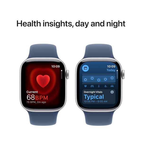 Apple Watch Series 10 [GPS + Cellular 42 mm] Smartwatch with Silver Aluminium Case with Denim Sport Band- S/M. Fitness Tracker, ECG App, Always-On Retina Display, Water Resistant