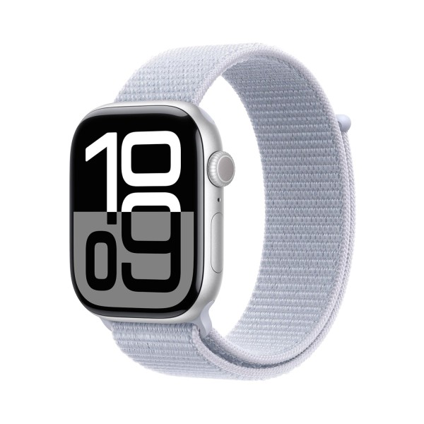 Apple Watch Series 10 [GPS 46 mm] Smartwatch with Silver Aluminium Case with Blue Cloud Sport Loop. Fitness Tracker, ECG App, Always-On Retina Display, Carbon Neutral