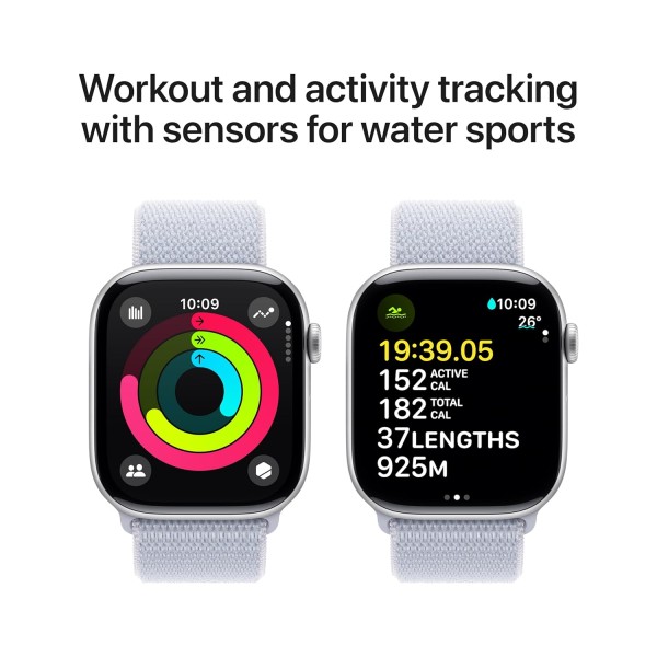 Apple Watch Series 10 [GPS 46 mm] Smartwatch with Silver Aluminium Case with Blue Cloud Sport Loop. Fitness Tracker, ECG App, Always-On Retina Display, Carbon Neutral