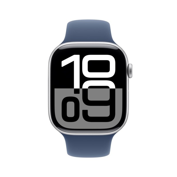 Apple Watch Series 10 [GPS 46 mm] Smartwatch with Silver Aluminium Case with Denim Sport Band - S/M. Fitness Tracker, ECG App, Always-On Retina Display, Water Resistant