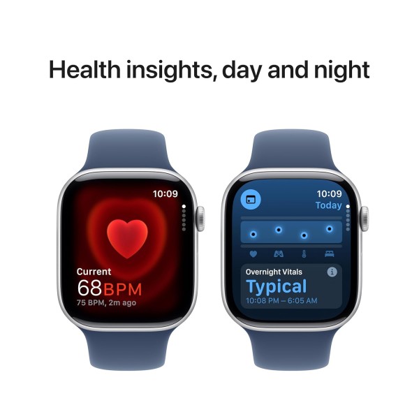 Apple Watch Series 10 [GPS 46 mm] Smartwatch with Silver Aluminium Case with Denim Sport Band - S/M. Fitness Tracker, ECG App, Always-On Retina Display, Water Resistant