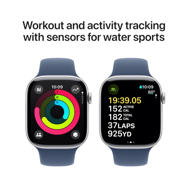 Apple Watch Series 10 [GPS 46 mm] Smartwatch with Silver Aluminium Case with Denim Sport Band - S/M. Fitness Tracker, ECG App, Always-On Retina Display, Water Resistant