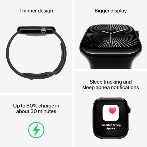 Apple Watch Series 10 [GPS 46 mm] Smartwatch with Silver Aluminium Case with Denim Sport Band - S/M. Fitness Tracker, ECG App, Always-On Retina Display, Water Resistant
