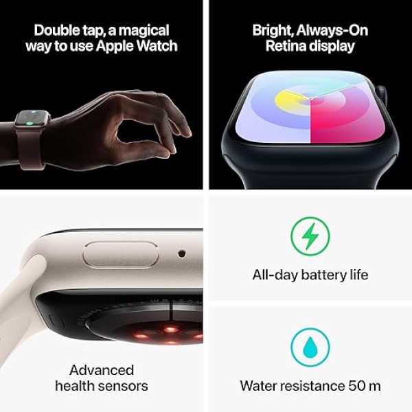 Apple Watch Series 9 [GPS 41mm] Smartwatch with Midnight Aluminum Case with Midnight Sport Band M/L. Fitness Tracker, Blood Oxygen & ECG Apps, Always-On Retina Display, Water Resistant