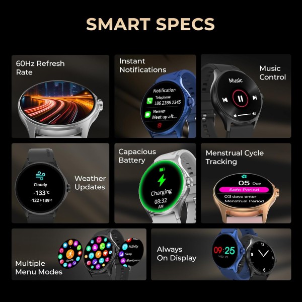 beatXP Sigma 1.38” HD Display Bluetooth Calling Smart Watch, Rotary Crown, 240 * 240px, 500 Nits, 60Hz Refresh Rate, 100+ Sports Modes, AI Voice Assistant (Black)