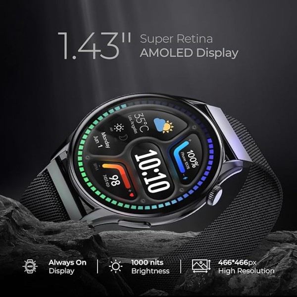 beatXP Evoke 1.43 Super Retina AMOLED Display Bluetooth Calling Smart Watch, 466 * 466px, 1000 Nits, 60Hz Refresh Rate, 100+ Sports Modes
