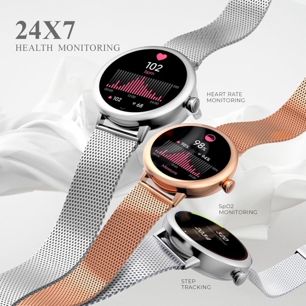 beatXP Eva 1.2 Super AMOLED Display, Bluetooth Calling Smart Watch for Women, Metal Body, 360 * 360px, Menstrual Tracker, 100+ Sports Modes, 24/7 Health Tracking, Rotary Crown, IP68 (Gold) (Unbox)
