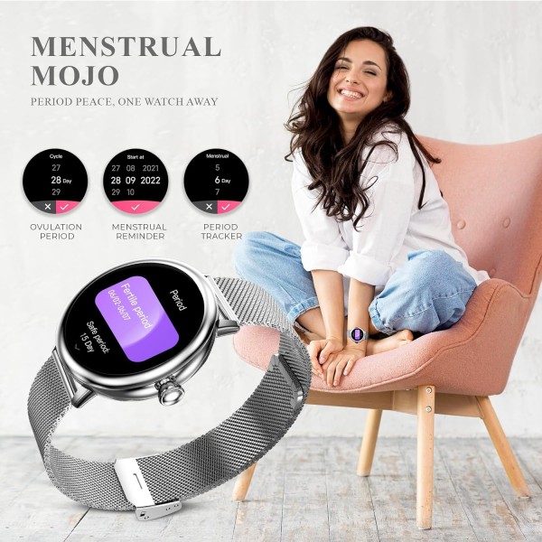beatXP Eva 1.2 Super AMOLED Display, Bluetooth Calling Smart Watch for Women, Metal Body, 360 * 360px, Menstrual Tracker, 100+ Sports Modes, 24/7 Health Tracking, Rotary Crown, IP68 (Gold) (Unbox)