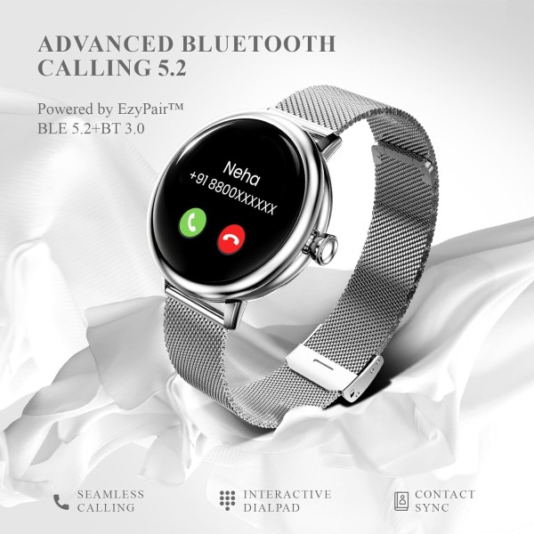 beatXP Eva 1.2 Super AMOLED Display, Bluetooth Calling Smart Watch for Women, Metal Body, 360 * 360px, Menstrual Tracker, 100+ Sports Modes, 24/7 Health Tracking, Rotary Crown, IP68 (Gold) (Unbox)