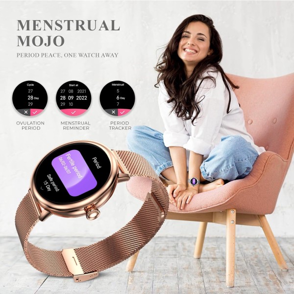 beatXP Eva 1.2 Super AMOLED Display, Bluetooth Calling Smart Watch for Women, Metal Body, 360 * 360px, Menstrual Tracker, 100+ Sports Modes, 24/7 Health Tracking, Rotary Crown, IP68 (Gold) (Unbox)