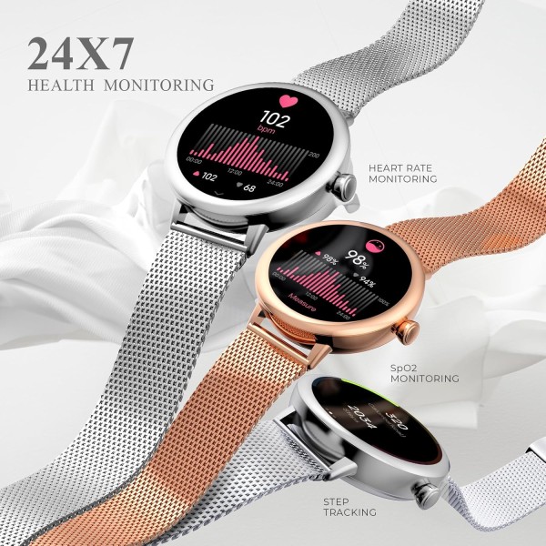 beatXP Eva 1.2 Super AMOLED Display, Bluetooth Calling Smart Watch for Women, Metal Body, 360 * 360px, Menstrual Tracker, 100+ Sports Modes, 24/7 Health Tracking, Rotary Crown, IP68 (Gold) (Unbox)