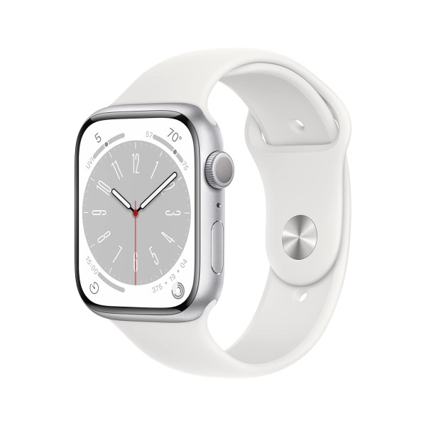 Apple Watch Series 8 [GPS 45 mm] Smart Watch w/Silver Aluminium Case with White Sport Band. Fitness Tracker, Blood Oxygen & ECG Apps, Always-On Retina Display, Water Resistant
