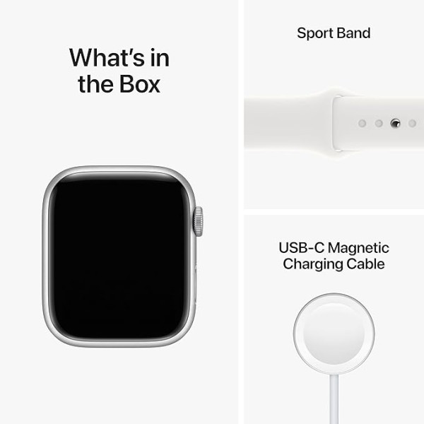 Apple Watch Series 8 [GPS 45 mm] Smart Watch w/Silver Aluminium Case with White Sport Band. Fitness Tracker, Blood Oxygen & ECG Apps, Always-On Retina Display, Water Resistant