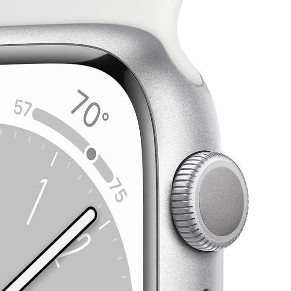 Apple Watch Series 8 [GPS 45 mm] Smart Watch w/Silver Aluminium Case with White Sport Band. Fitness Tracker, Blood Oxygen & ECG Apps, Always-On Retina Display, Water Resistant