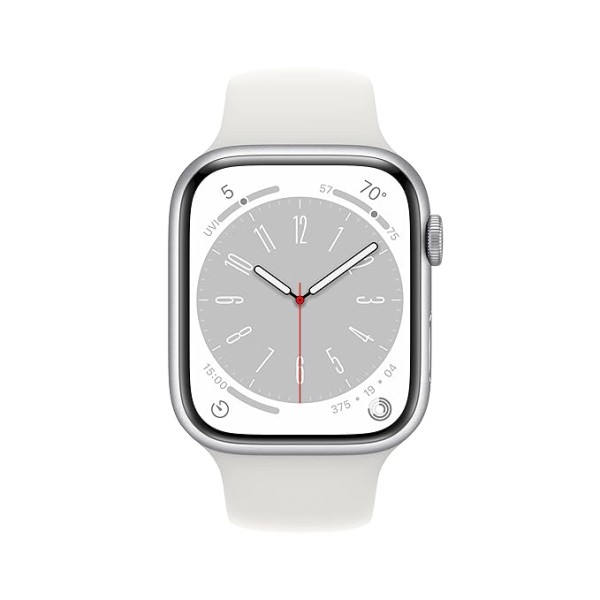 Apple Watch Series 8 [GPS 45 mm] Smart Watch w/Silver Aluminium Case with White Sport Band. Fitness Tracker, Blood Oxygen & ECG Apps, Always-On Retina Display, Water Resistant