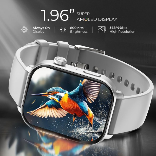 beatXP Unbound Pro 1.96 Super AMOLED Display Bluetooth Calling Smart Watch, Metal Body, Rotary Crown, 410 * 502px, 800 Nits, 60Hz Refresh Rate, 100+ Sports Modes, 24/7, IP67 (Silver Metal)
