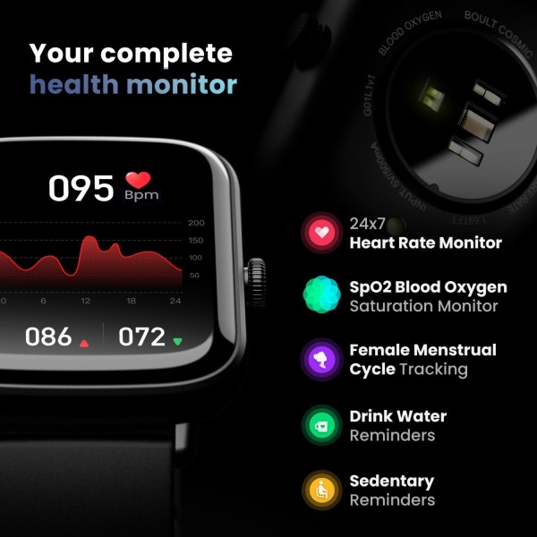 Boult Cosmic 1.69 inch Display, Complete Health Monitoring, Multiple Watch Faces, IP67 Smartwatch (Black Strap, Free Size)