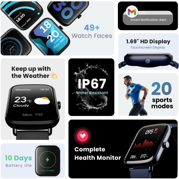 Boult Cosmic 1.69 inch Display, Complete Health Monitoring, Multiple Watch Faces, IP67 Smartwatch (Black Strap, Free Size)