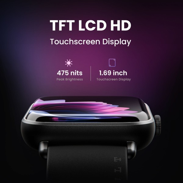 Boult Cosmic 1.69 inch Display, Complete Health Monitoring, Multiple Watch Faces, IP67 Smartwatch (Black Strap, Free Size)