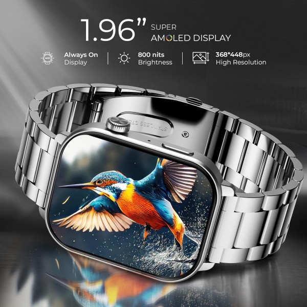 beatXP Unbound Pro 1.96 Super AMOLED Display Bluetooth Calling Smart Watch, Metal Body, Rotary Crown, 410 * 502px, 800 Nits, 60Hz Refresh Rate, 100+ Sports Modes, 24/7, IP67 (Silver)
