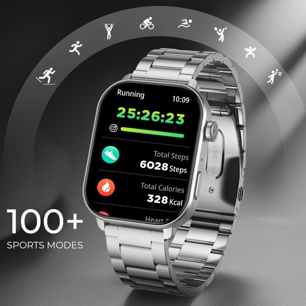 beatXP Unbound Pro 1.96 Super AMOLED Display Bluetooth Calling Smart Watch, Metal Body, Rotary Crown, 410 * 502px, 800 Nits, 60Hz Refresh Rate, 100+ Sports Modes, 24/7, IP67 (Silver)