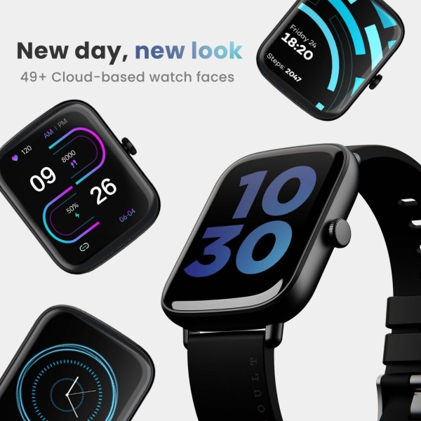 Boult Cosmic 1.69 inch Display, Complete Health Monitoring, Multiple Watch Faces, IP67 Smartwatch (Black Strap, Free Size)