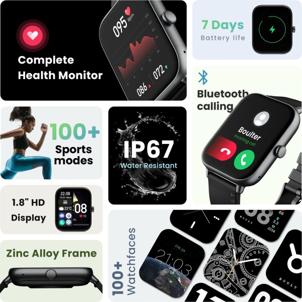 Boult Ridge BT Calling 1.8 HD Display Zinc Alloy Frame 140 Watch Faces Smartwatch Black Strap Free Size