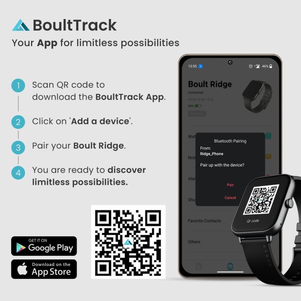 Boult Ridge BT Calling 1.8 HD Display Zinc Alloy Frame 140 Watch Faces Smartwatch Black Strap Free Size