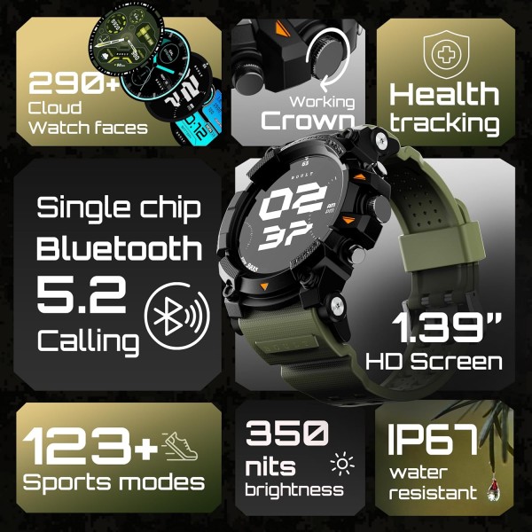 Boult Thrux Smartwatch 1.39'' HD Display, BT Calling 5.2, 350 Nits Brightness, IP67, 290+ Watchfaces, 120+ Sports Modes,GPS Tracking, AI Voice Assistant, SpO2 Monitoring (Green)