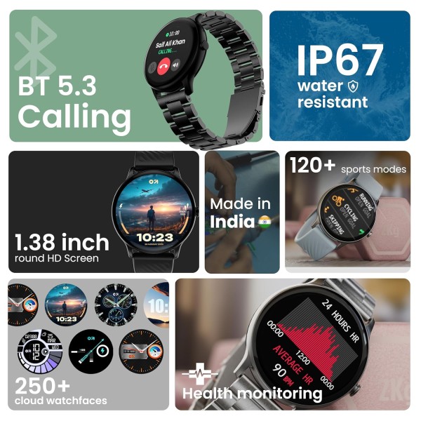 GOBOULT Dire Smart Watch with 1.38'' 2.5D Curved HD Display, BT Calling, IP67, 500 Nits Brightness,250+ Watchfaces, 120+Sports Mode, AI Voice Assistant, SpO2 Monitoring (Black Strap)