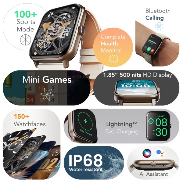 GOBOULT Drift+ Smart Watch 1.85''HD Screen,Bluetooth Calling, IP67, 500Nits Brightness,150+ Watchfaces, AI Voice Assistant, SpO2 Monitoring, 100+ Sports Mode Smartwatch (Snow Leather)