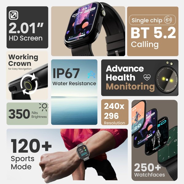 GOBOULT Newly Launched Drift Max Smartwatch 2.01''HD Screen,BT Calling 5.2, 350Nits Brightness,IP67, 150+Watchfaces, 120+Sports Modes,AI Voice Assistant, SpO2 Monitoring(Pure Black)