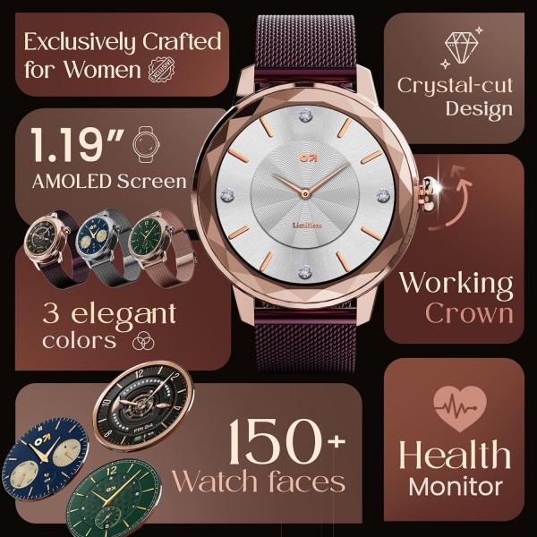 GOBOULT Newly Launched Alora Smart Watch 1.19'' AMOLED Display, BT Calling, Rotating Bezel, 150+Watchfaces, 800 Nits Brightness, AI Voice Assistant, SpO2 Monitoring, 120+ Sports Mode (Red Wine)