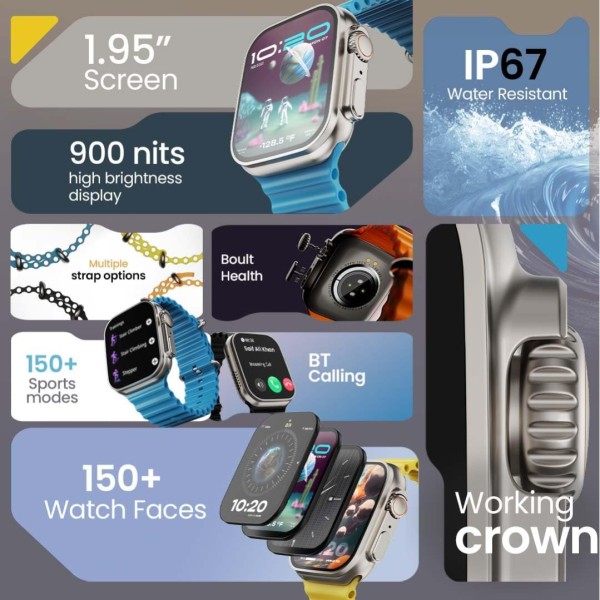 GOBOULT Newly Launched Crown Smart Watch 1.95'' Screen, BT Calling, Working Crown,Zinc Alloy Frame,900Nits Brightness, AI Voice Assistant,SpO2 Monitoring, 120+ Sports Mode (Tangerine)